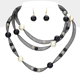 Pearl Accented Triple Layered Mesh Bib Necklace