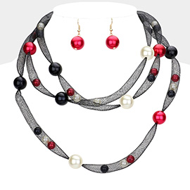 Pearl Accented Triple Layered Mesh Bib Necklace