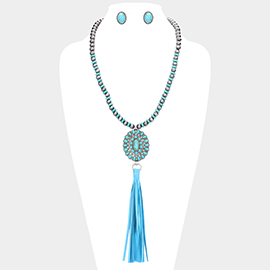 Natural Stone Squash Blossom Suede Tassel Long Necklace