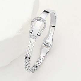 Stainless Steel CZ Stone Paved Belt Buckle Hinged Bangle Bracelet