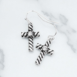 Stone Embellished Antique Metal Cross Dangle Earrings