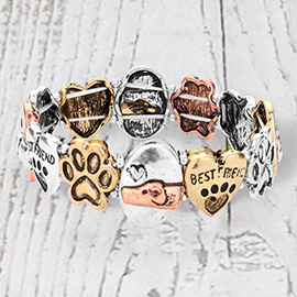 Metal Dog Paw BEST FRIEND Message Heart Stretch Bracelet
