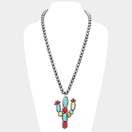 Antique Metal Natural Stone Cactus Pendant Necklace