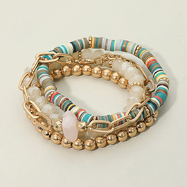 4PCS - Natural Stone Accented Chain Bracelet Multi Beaded Stretch Bracelets Set