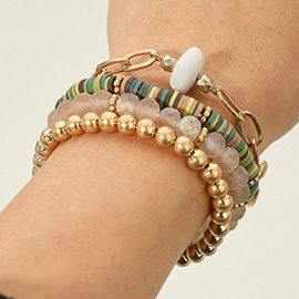 4PCS - Natural Stone Accented Chain Bracelet Multi Beaded Stretch Bracelets Set