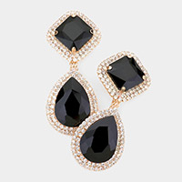 Square Teardrop Stone Accented Dangle Evening Clip on Earrings