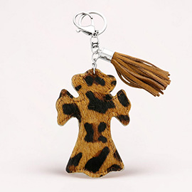 Leopard Patterned Genuine Fur Calf Cross Tassel Keychain Bag Charm