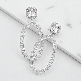 Emerald Cut Stone Accented Rhinestone Trimmed Open Hexagon Link Dangle Earrings