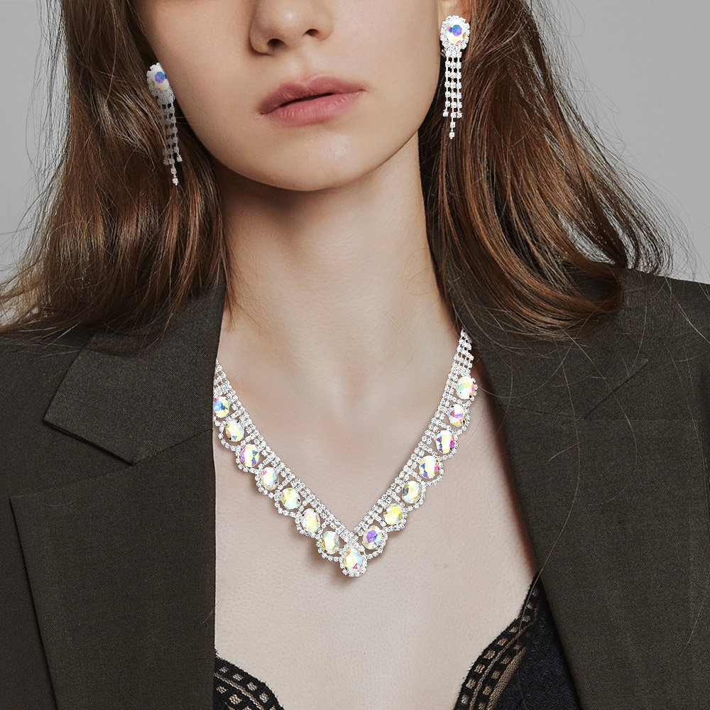 Oval Stone Accented V Shaped Rhinestone Necklace Clip on Earring Set