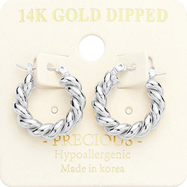 14K White Gold Dipped Braided Metal Hoop Pin Catch Earrings