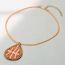 Felt Back Sequin Beaded Basketball Teardrop Pendant Necklace