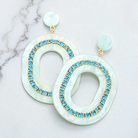 Rhinestone Embellished Celluloid Acetate Open Oval Dangle Earrings