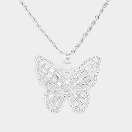 Stone Embellished Metal Butterfly Pendant Necklace