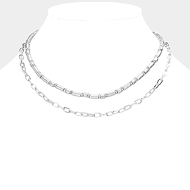 Stone Ring Pointed Open Metal Oval Link Double Layered Necklace