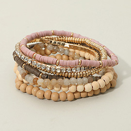 7PCS - Wood Ball Heishi Beaded Stretch Bracelets