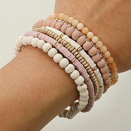 7PCS - Wood Ball Heishi Beaded Stretch Bracelets