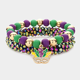 2PCS - Mardi Gras Mask Charm Wood Ball Faceted Beaded Stretch Bracelets