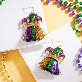 Mardi Gras Glittered Jester Pierrot Tassel Fringe Dangle Earrings