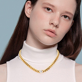 18K Gold Dipped Stainless Steel CZ Round Stone Accented Necklace