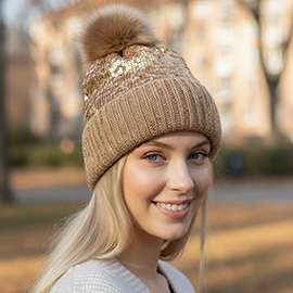 Sequin Embellished Pom Pom Beanie Hat