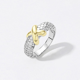 Two Tone CZ Stone Paved Crisscross Ring