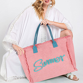 SUMMER Message Embroidered Fringe Canvas Tote Bag / Beach Bag