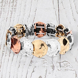 Burnished Textured Metal Disc Link Stretch Bracelet