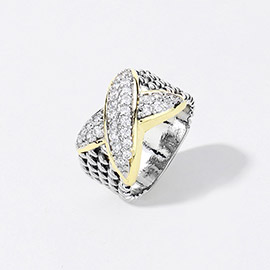 CZ Stone Paved Crisscross Pointed Two Tone Ring