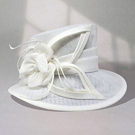 Flower Ribbon Feather Accented Sinamay Dressy Hat