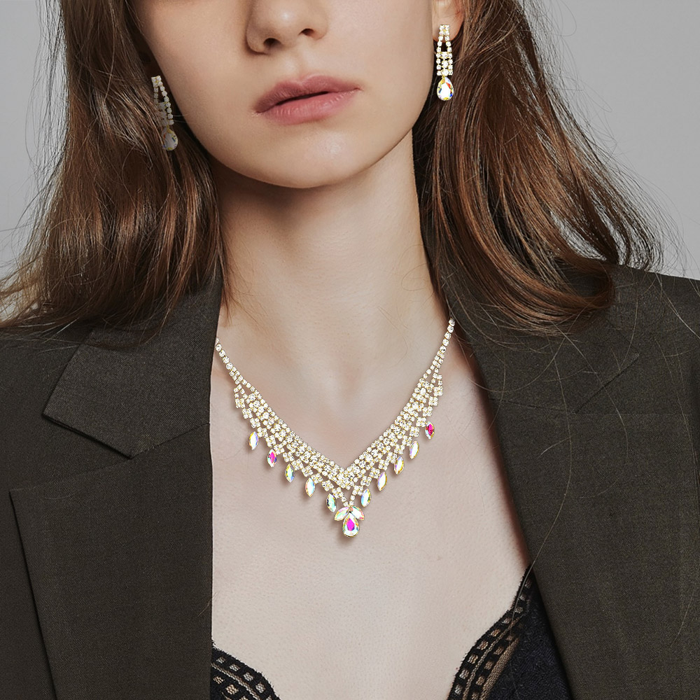 Teardrop Marquise Stone Pointed Rhinestone Paved Necklace