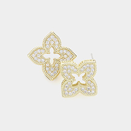 14K Gold Plated CZ Stone Paved Clover Stud Earrings
