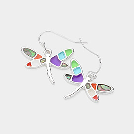 Abalone Pointed Enamel Dragonfly Dangle Earrings