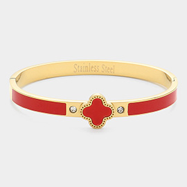 Stainless Steel Quatrefoil CZ Stone Accent Hinged Bangle Bracelet