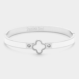 Stainless Steel Quatrefoil CZ Stone Accent Hinged Bangle Bracelet