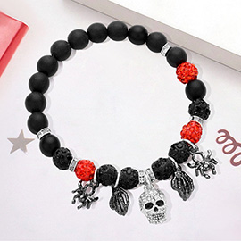 Stone Paved Skull Metal Spider Skeleton Charm Shamballa Ball Beaded Stretch Bracelet