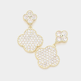 14K Gold Plated CZ Stone Paved Quatrefoil Link Dangle Earrings