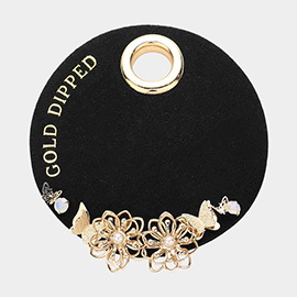 SECRET BOX_Gold Dipped Butterfly Pearl Pointed Flower 3Pairs Stud Earrings