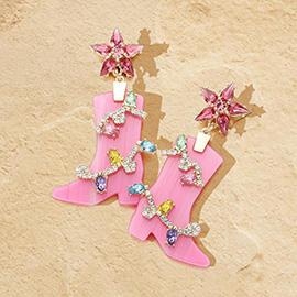 Stone Embellished Resin Cowboy Boot Dangle Earrings