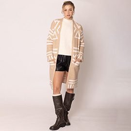 Open Front Geometric Aztec Pattern Long Cardigan
