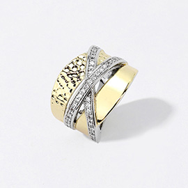 Two Tone CZ Stone Paved Crisscross Pointed Ring