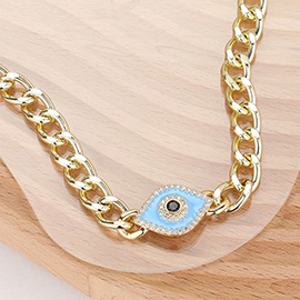14K Gold Plated CZ Stone Paved Enamel Evil Eye Pendant Link Cuban Chain Necklace