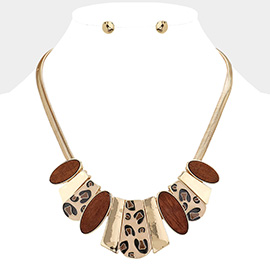 Enamel Leopard Plate Wood Marquise Plate Link Pendant Pointed Herringbone Chain Necklace