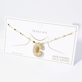 -C- Gold Dipped CZ Stone Paved Initial Monogram Pendant Necklace