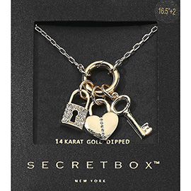 SECRET BOX_14K Gold Dipped Interchangeable Stone Paved Heart Lock Key Pendant Necklace