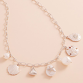 Metal Seashell Sand Dollar Pearl Starfish Charm Station Necklace