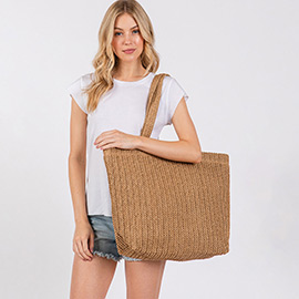 Solid Crochet Straw Tote Bag / Beach Bag