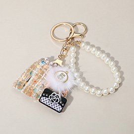 Sequin Beaded Pom Brooch Flower Handbag Tweed Jacket Pearl Chain Keychain Bag Charm