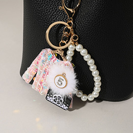 Sequin Beaded Pom Brooch Flower Handbag Tweed Jacket Pearl Chain Keychain Bag Charm