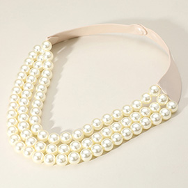 Chunky Pearl Beaded Triple Layered Faux Leather Magnetic Necklace