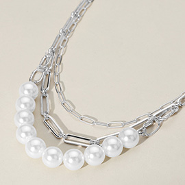 Pearl Beaded Metal Chain Layered Necklace